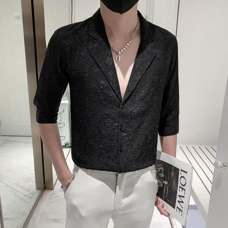 

Men's Casual Shirts Plus Size 4XL-M Spring Summer Turn Down Collar Half Sleeve For Men Clothing 2023 Fashion Jacquard Slim Fit Tuxedo Dress, White