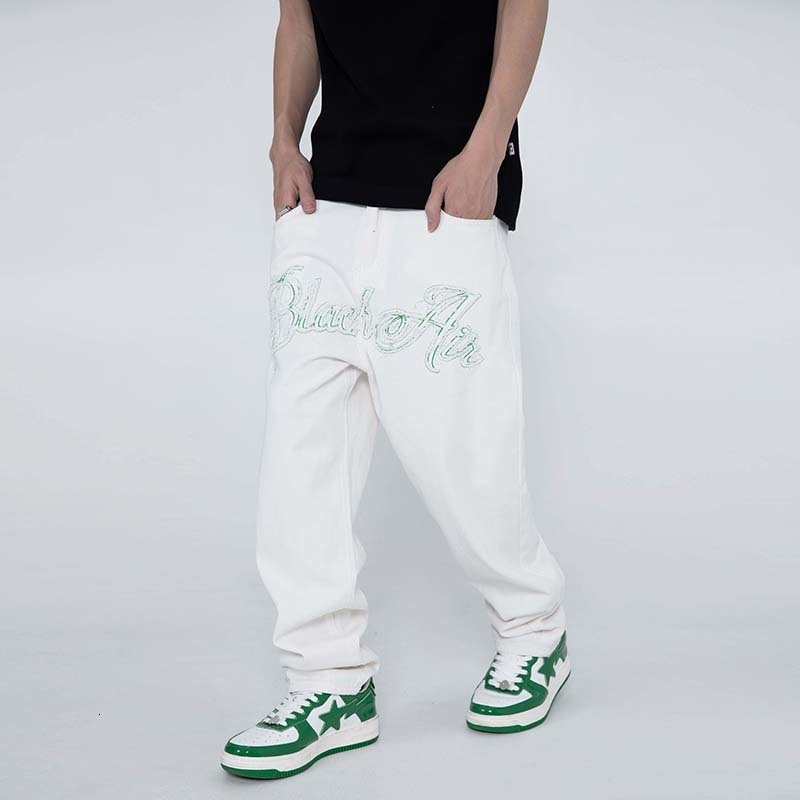 Mens Jeans Hip Hop Tassel Letter Embroidery Ripped Pants Harajuku Retro Straight Washed Casual Oversized Denim Trousers 230420