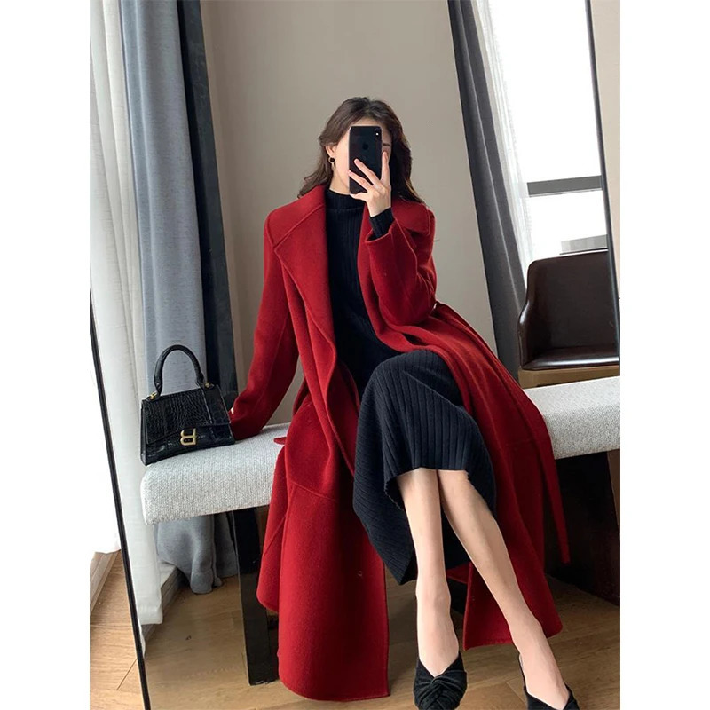 Women's Wool Blends MEXZT Belt Long Coat Vintage Lace Up Woolen Overcoat Korean Bandage Thick Jacket Winter Elegant Red Chic Outwear 231118
