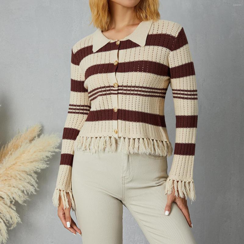 Women' Knits Single-Breasted Sweater Contrast Color Striped Cardigan Long Sleeve Turn-Down Collar Tassels Hem Knitted Tops, Green
Women' Knits Single-Breasted Sweater Contrast Color Striped Cardigan Long Sleeve Turn-Down Collar Tassels Hem Knitted Tops, Green