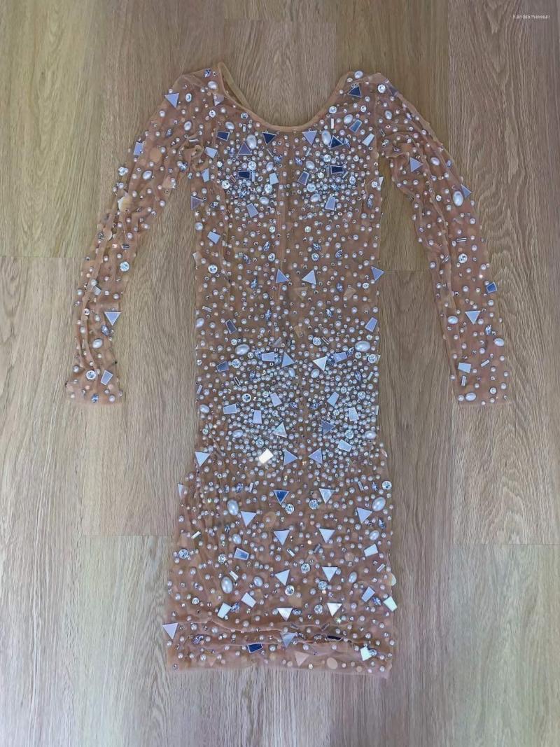 

Stage Wear Nude Shining Rhinestones Mirror Sequins Pearls Sexy Jumpsuit Sheath Dress For Women Nightclub Party Cloth Singer