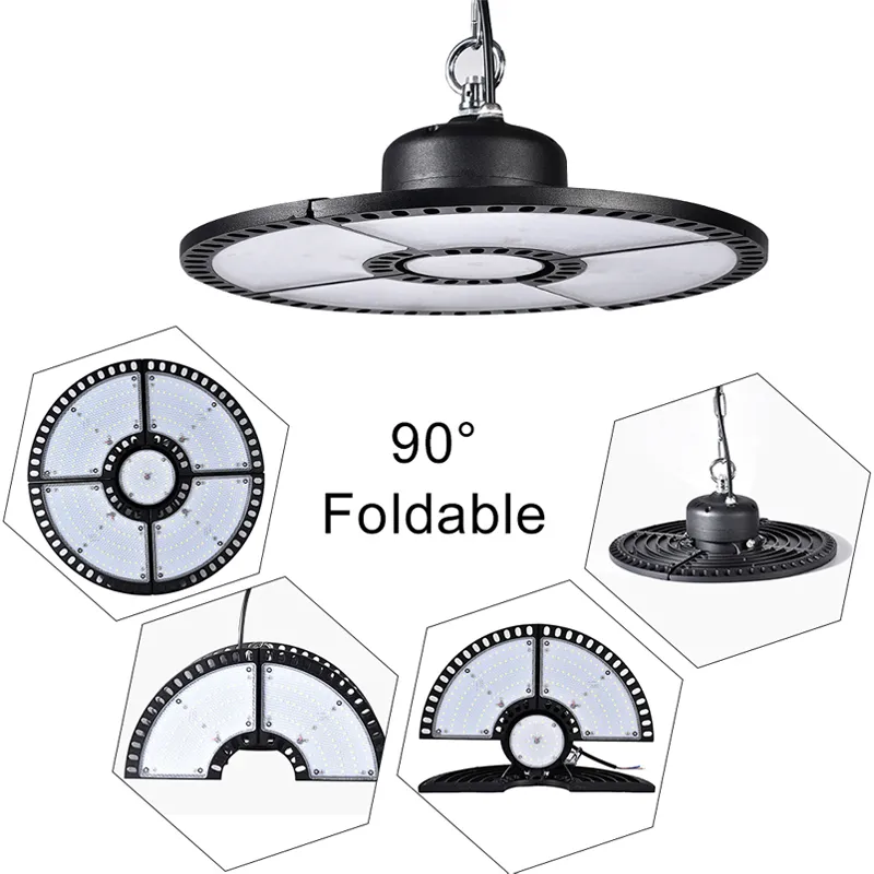 LED High Bay Light 300W 200W UFO 6500K Replacement Deformable Ultra-thin Mining Lamp Factory Warehouse Workshop Area Light crestech