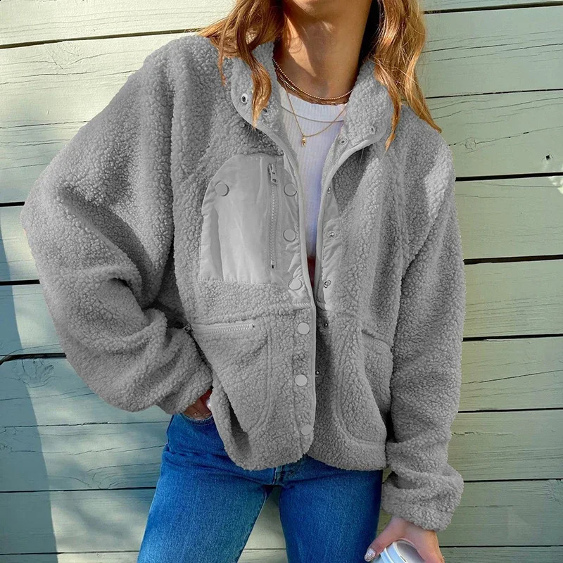 Womens Jackets Casual Autumn Winter Women Fleece Coat Vintage Solid Color Lapel Long Sleeve Stand Collar Tracksuit Top 231118