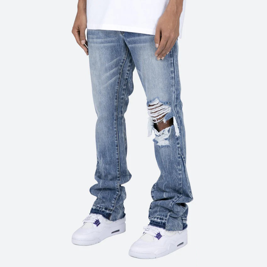 Mens Jeans Contrast Color Hole Washed Blue for Men Streetwear Loose Ripped Flare Pants Frayed Retro Casual Oversized Denim Trousers 230420