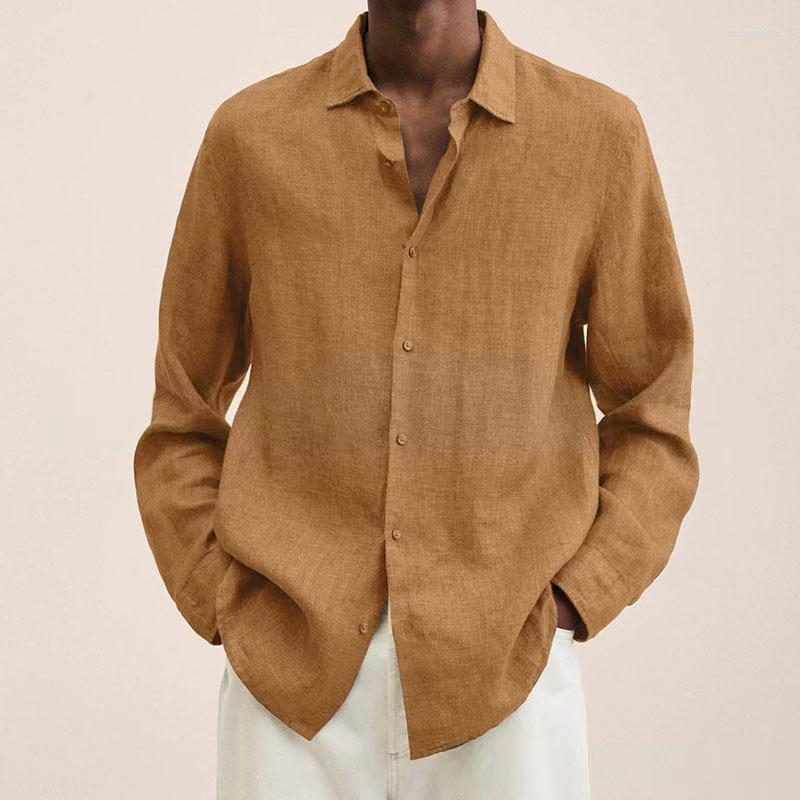 CNLONGBIDA Mens Casual Shirts Spring Cotton Linen Mens Summer Solid Turn-down Collar Long Sleeve Blouse Loose For Men Tops