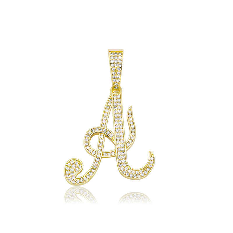 Large Thick Cursive Script Art Initial Letter Pendant Necklace Full Cz Stone Cubic Zirconia Personalized Asthetic A-z English Crystal Collier Jewelry 
