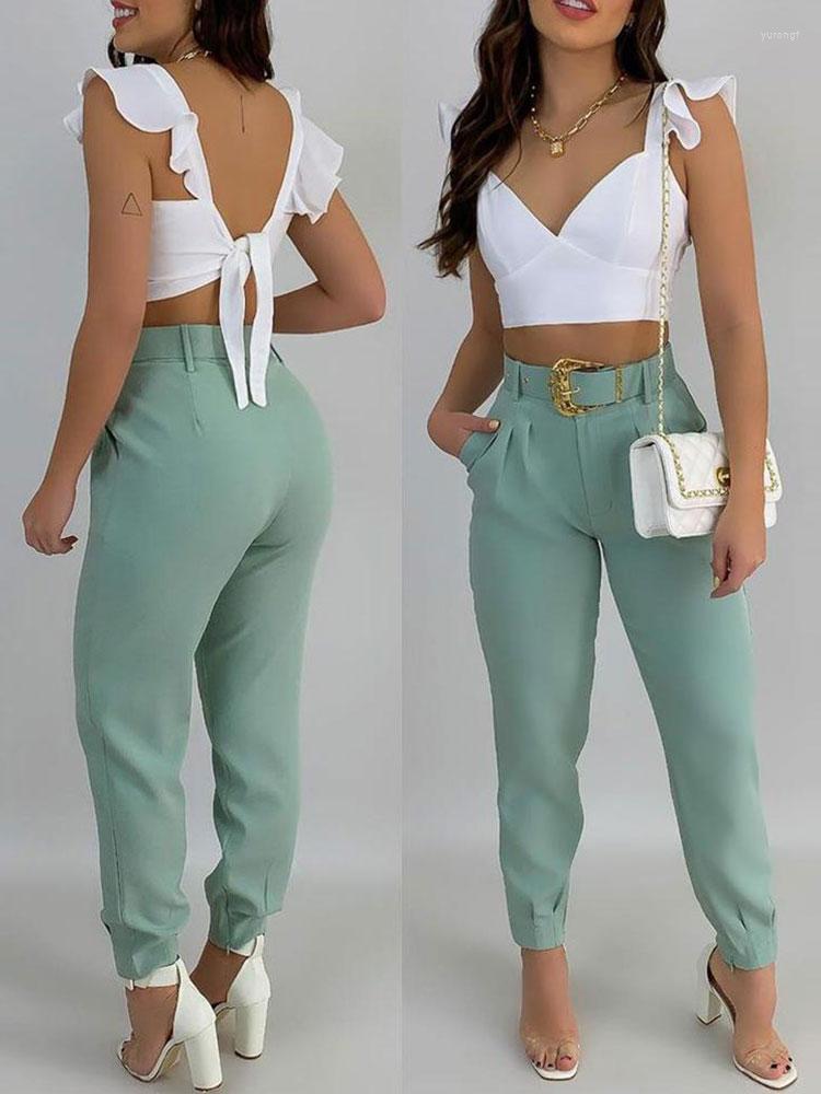 Women' Two Piece Pants Sleeveless Backless Bandage Pleated Sleeve Top And Pocket Set 2023 Summer Women' Casual Style Waist Material, Light green
Women' Two Piece Pants Sleeveless Backless Bandage Pleated Sleeve Top And Pocket Set 2023 Summer Women' Casual Style Waist Material, Light green