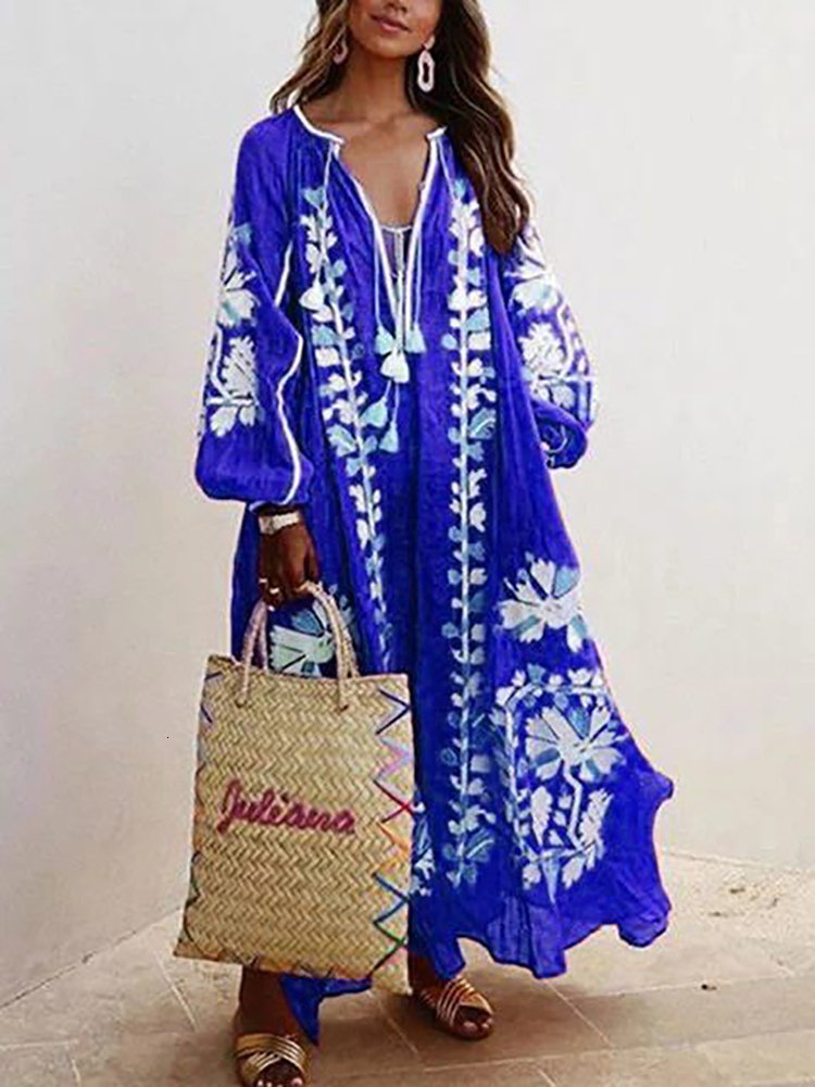 Casual Dresses Oversized Print Long Dress Women Boho Maxi Dress Female V Neck Lantern Sleeve Dress Ladies Casual Loose Vintage Vacation Dress 230420