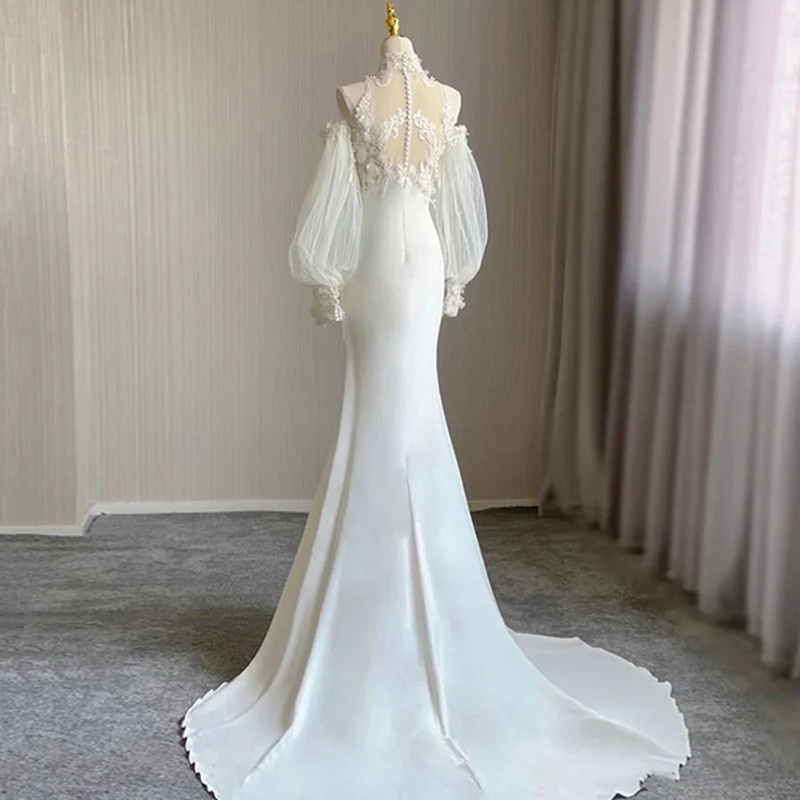 Sexy Lace Appliques Mermaid Wedding Dress High Neck Sweep Train Custom Made Garden Western Country Bridal Wedding Gowns