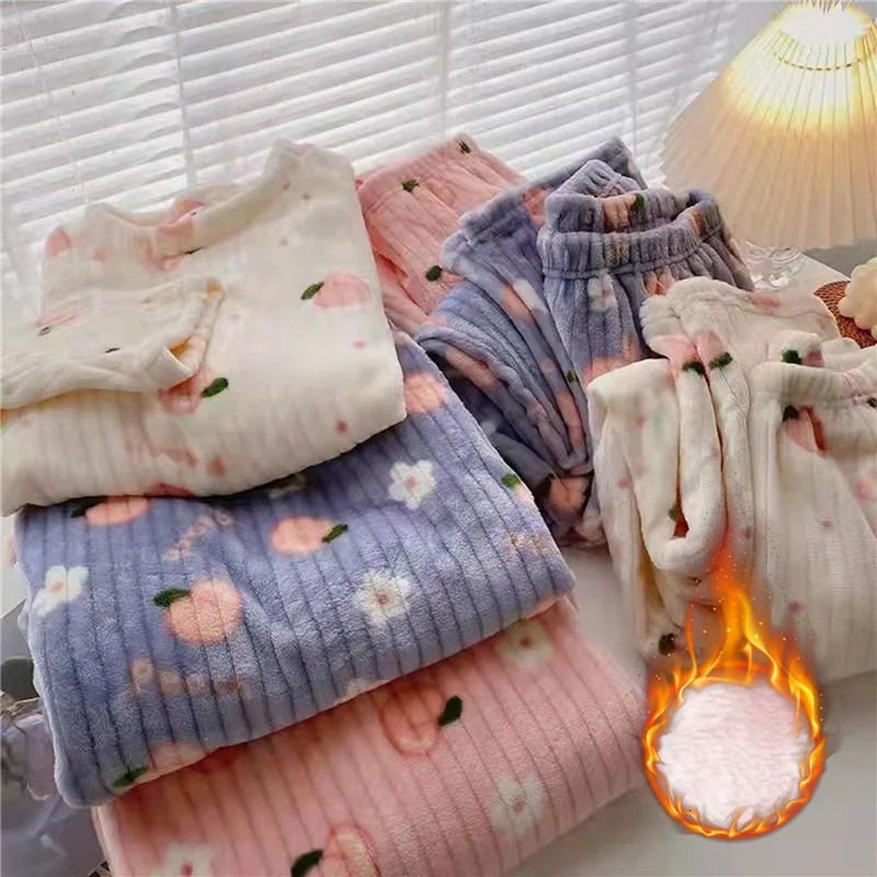 Womens Sleepwear Autumn and winter flannel womens pajama set classic plain warm pajamas velvet Cavai girls printed 231120