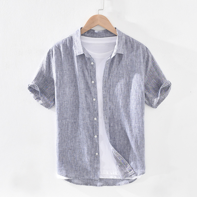 Men's Casual Shirts Pure Linen Short Sleeve Shirt for Men Summer New Japanese Fashion Tops Male Solid Gray Vintage Slim Fit Hemp Shirt 230420