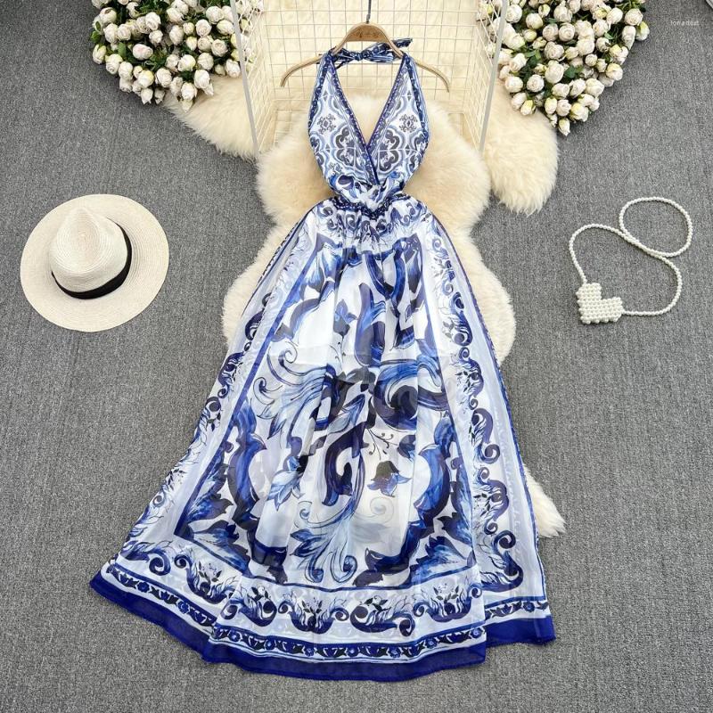 Casual Dresses Runway Off Shoulder Halter Neck Flowy Long Dress Women's V-Neck Backless Blue And White Porcelain High Waist Holiday
Casual Dresses Runway Off Shoulder Halter Neck Flowy Long Dress Women's V-Neck Backless Blue And White Porcelain High Waist Holiday