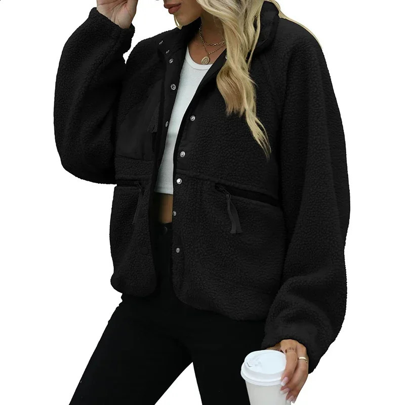 Womens Jackets Casual Autumn Winter Women Fleece Coat Vintage Solid Color Lapel Long Sleeve Stand Collar Tracksuit Top 231118