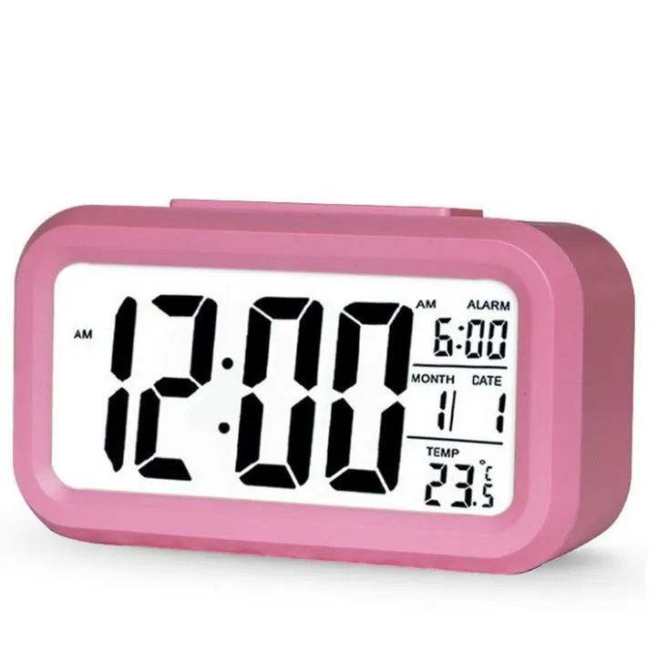 Plastic Mute Alarm Clock LCD Smart Temperature Cute Photosensitive Bedside Digital Alarms Clocks Snooze Nightlight Calendar