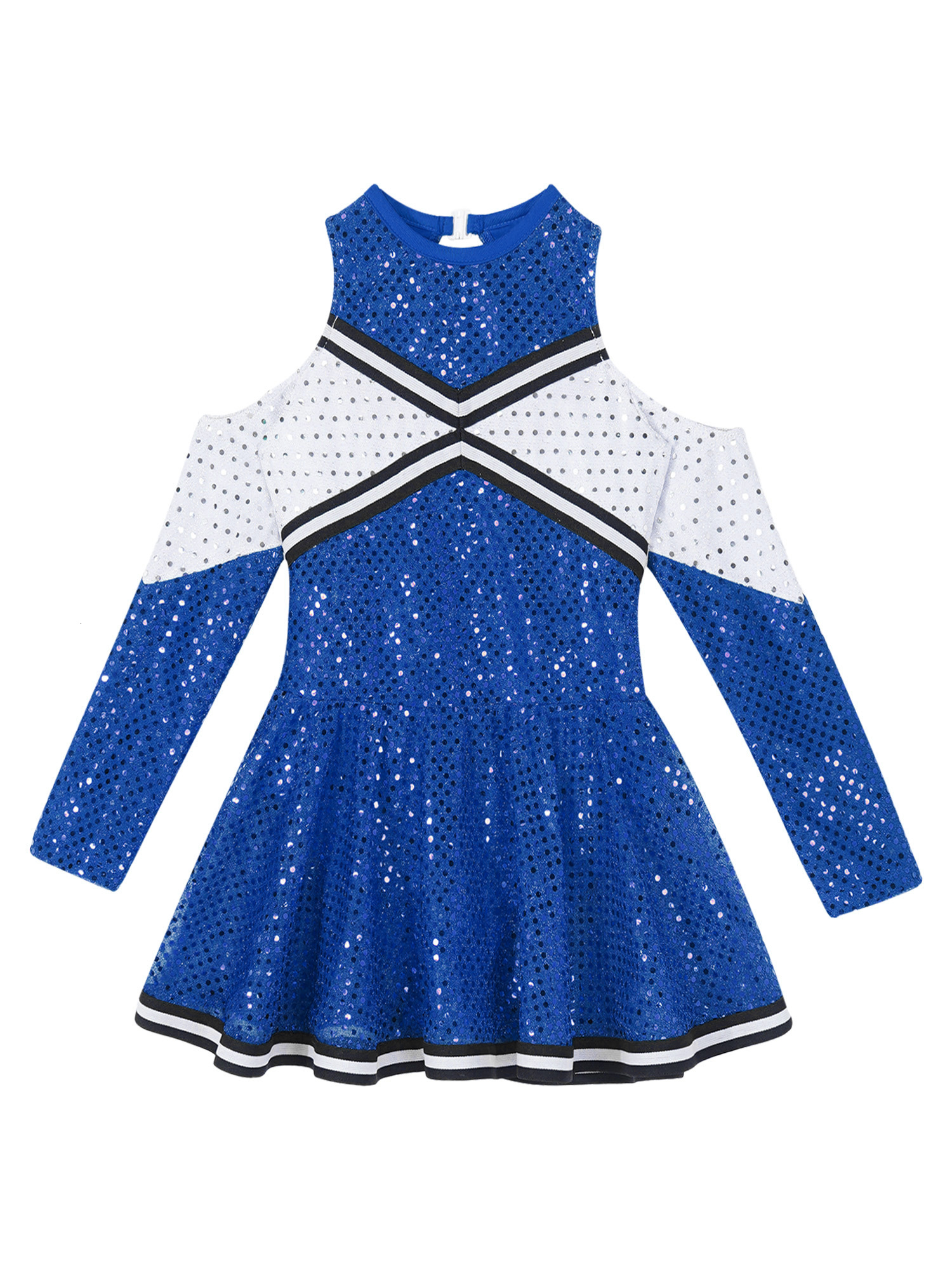 Cheerleading Kids Girls Shiny Sequins Cheerleading Uniform Dance Costume Long Sleeve Off-shoulder Round Neckline Cheerleader Dance Dress 230420