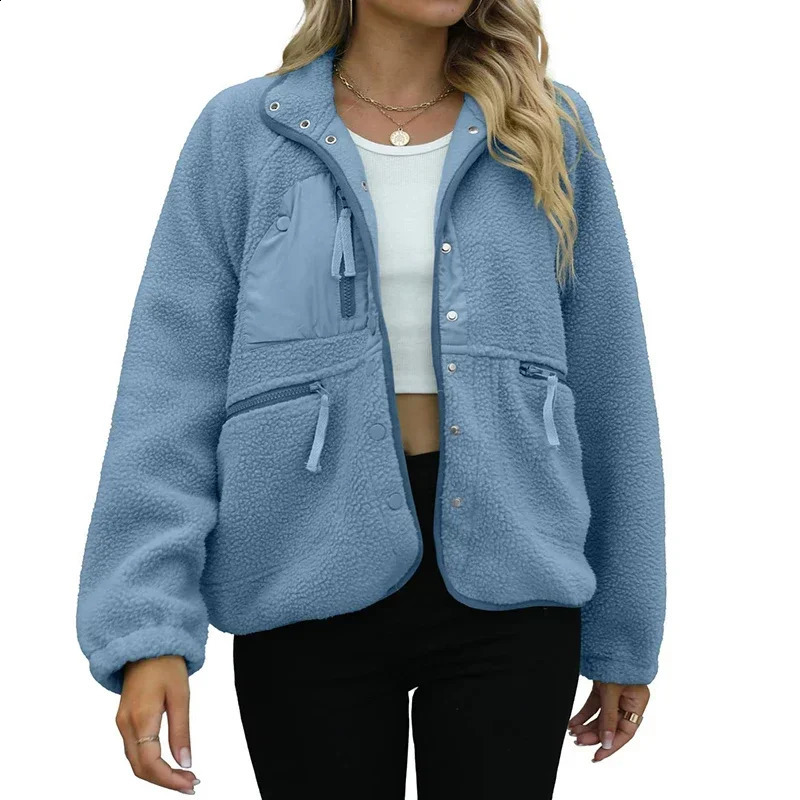 Womens Jackets Casual Autumn Winter Women Fleece Coat Vintage Solid Color Lapel Long Sleeve Stand Collar Tracksuit Top 231118