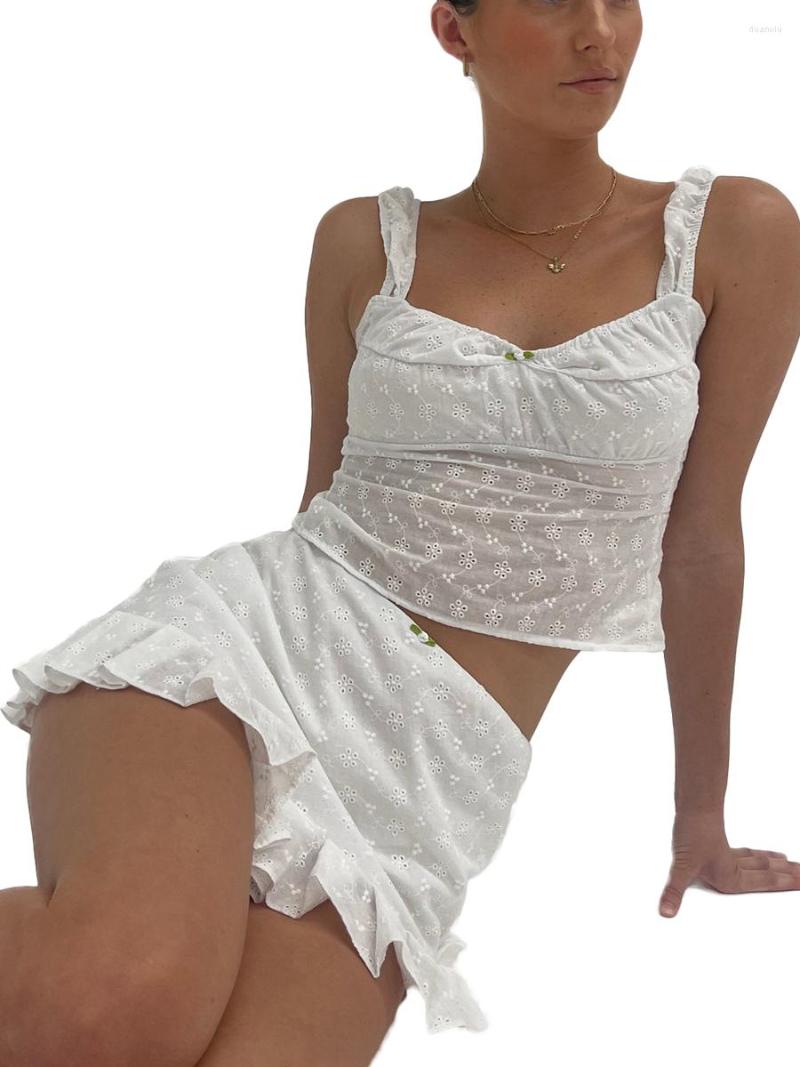 Women's Tanks Women Summer 2 Pieces Outfits Lace Flower Sleeveless Tie-Up Backless Sling Tank Tops Wrapped Hip Mini Pleated Skirts Set