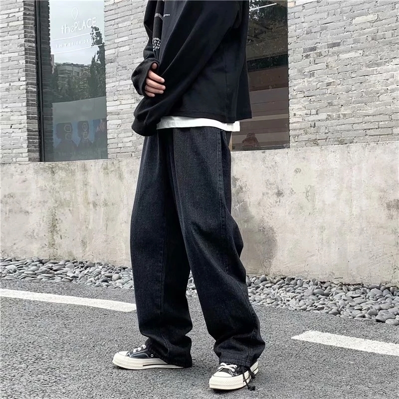 Mens Jeans Men Solid Drawstring Denim Full Length Straight Loose Males Allmatch Trendy Punk Baggy Retro Leisure Chic Cowboy Trousers 230420