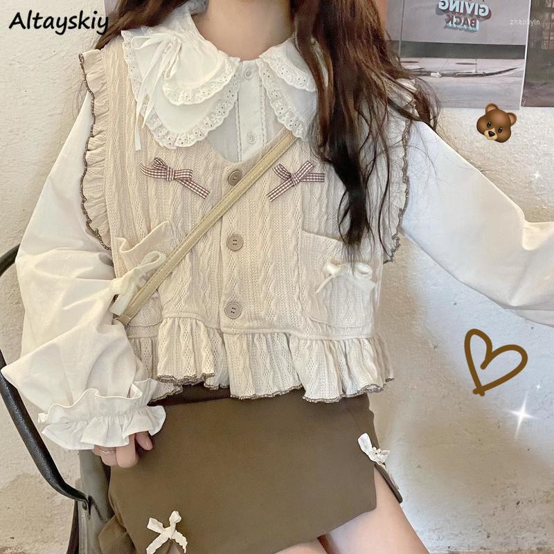Women' Vests Women Sweet Cute Japan Style Kawaii All-match Preppy Bow Ruffles Students Girlish Aesthetic Fashion Casual Coats JK, Sky blue