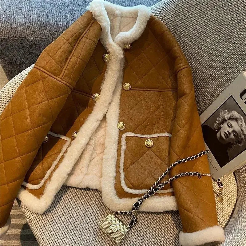Womens Jackets Small Retro Fleece Lamb Top Winter Loose Premium Feel Warm Diamond Grid Bombed Street Jacket Coat Women Solid 231118