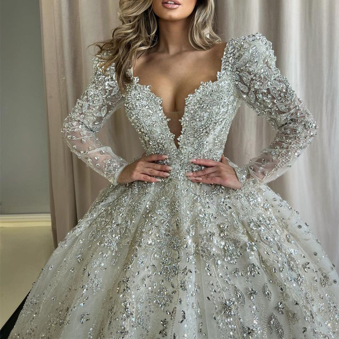Luxury Ball Gown Wedding Dresses Long Sleeves V Neck Sequins Applique Lace Ruffles Bridal Gowns Diamonds Pearls Formal Dress Plus Size Custom Made Ves