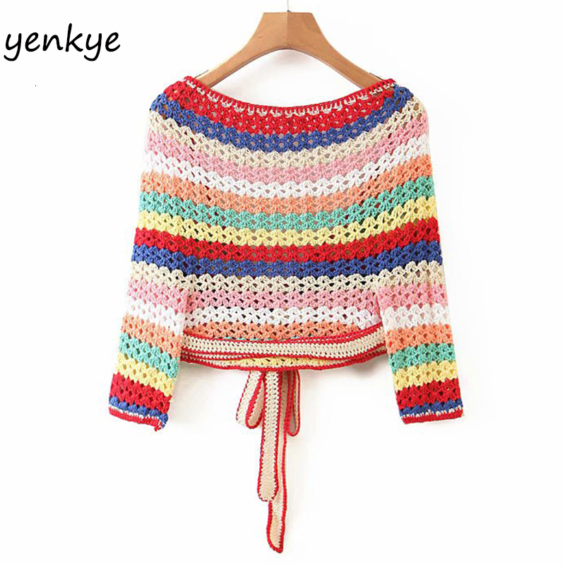 Men's Swimwear Multicolor Striped Crochet Crop Top Women Cross V Neck Short Sleeve Knit Sexy Wrap Femme Summer Boho s blusas LJPZ9279 230420