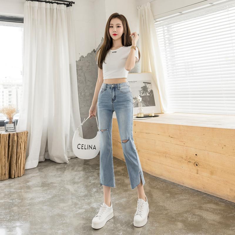 

Women' Jeans High Waisted Ripped For Women Korean Fashion Trends Casual Clothing Teenage Girls Streetwear Straight Leg Slit Denim Pants, Blue