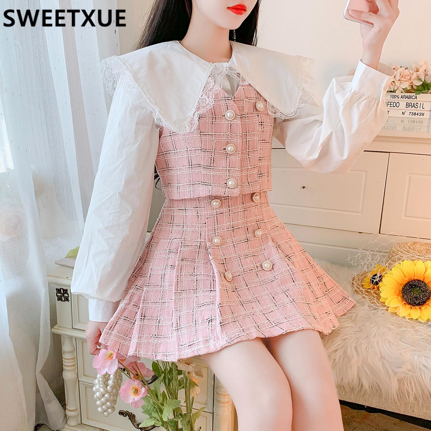 Dress Korean Sweet Three Piece Set Women Peter Pan Collar White Shirt + Plaid Vest + Pleated Skirt Tweed Suits Kawaii 3 Piece Outfits, Black
Dress Korean Sweet Three Piece Set Women Peter Pan Collar White Shirt + Plaid Vest + Pleated Skirt Tweed Suits Kawaii 3 Piece Outfits, Black