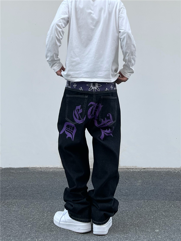 Mens Jeans Waist Cashew Print Letter Pactchwork Ripped Streetwear Straight Washed Retro Oversized Casual Denim Pants Unisex 230420