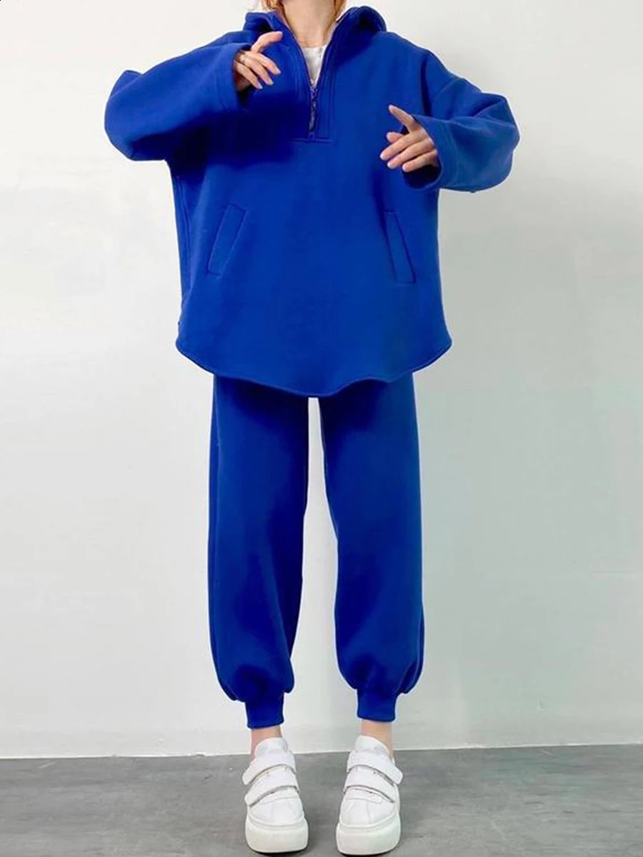 Women's Two Piece Pant 2 Pieces Sporty Tracksuits Fall Winter Solid Color Loose Long Sleeve Zipper Hoodies Sweatshirts and Joggers Pants Outfits 