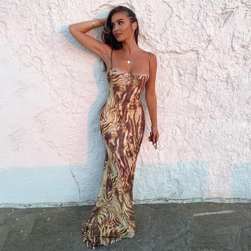 

Casual Dresses Zoctuo Tiger Print Mesh Patchwork Women Strap Midi Dress Slit Ruched Bodycon Sexy Streetwear Party Elegant Club 2023 Summer, Auburn