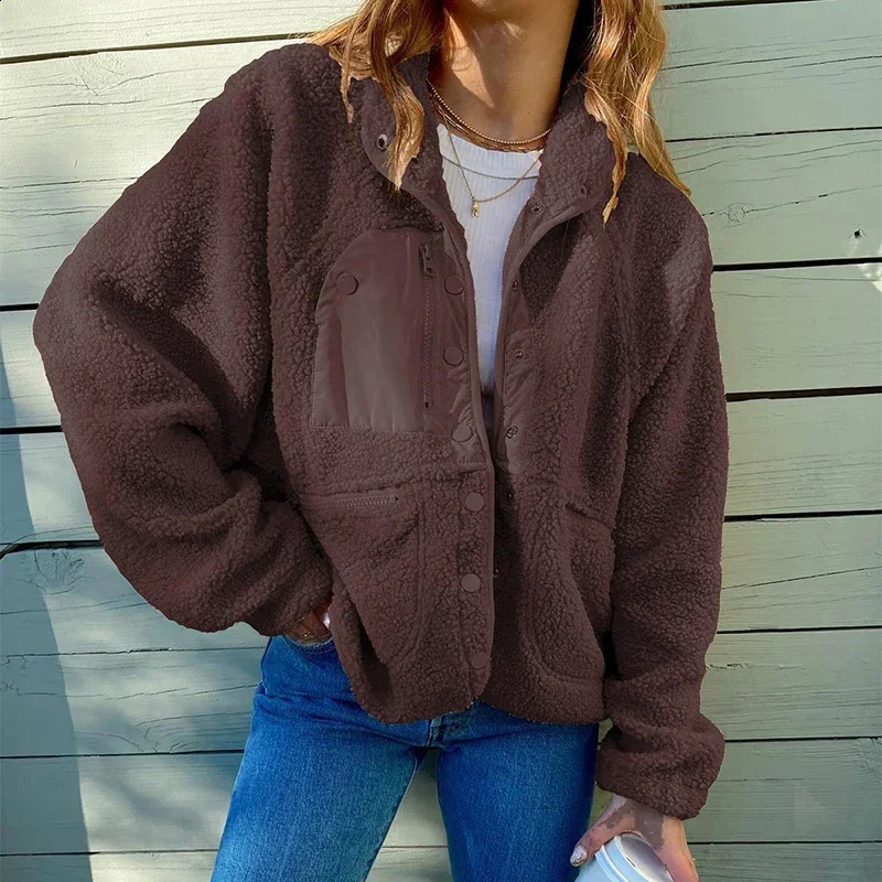 Womens Jackets Casual Autumn Winter Women Fleece Coat Vintage Solid Color Lapel Long Sleeve Stand Collar Tracksuit Top 231118