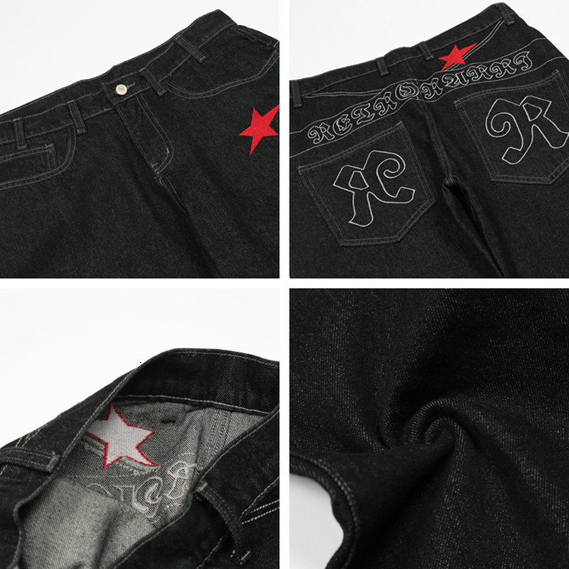 Mens Jeans Chic Star Letter Embroidery Black Baggy Men Straight Pants Y2K Streetwear Male Hip Hop Denim Trousers Vetement Homme 230420