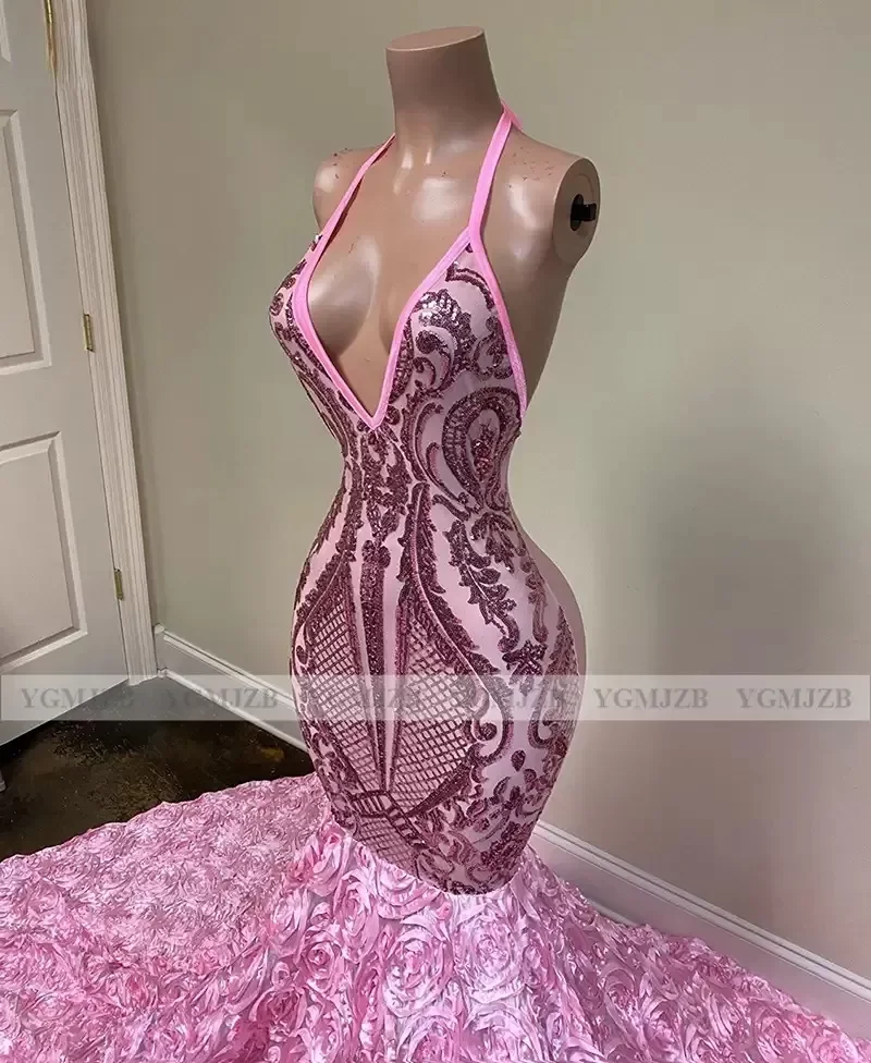 Long Prom Dresses Mermaid Black Girls Sequin Sexy Backless Halter 3D Flowers African Women Formal Evening Party Gowns Custom Made