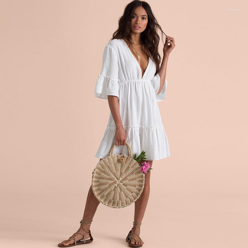 Women's Swimwear Solid Color Backless V-neck Short Pagoda Sleeves Pleated Dress Summer Women Outerwear, White
Women's Swimwear Solid Color Backless V-neck Short Pagoda Sleeves Pleated Dress Summer Women Outerwear, White