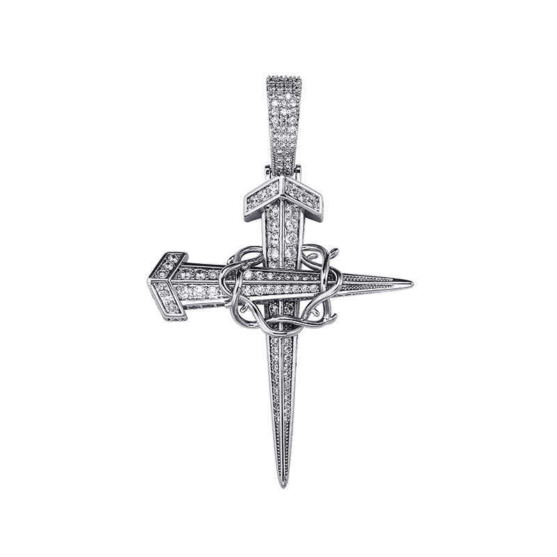 Prong Cubic Zircon Anchor Cross Pendant Necklace Accessories Mens Womens Fashion Hip Hop Necklaces 14K White Gold Rock Full CZ Stone Charm Jewelry Wol