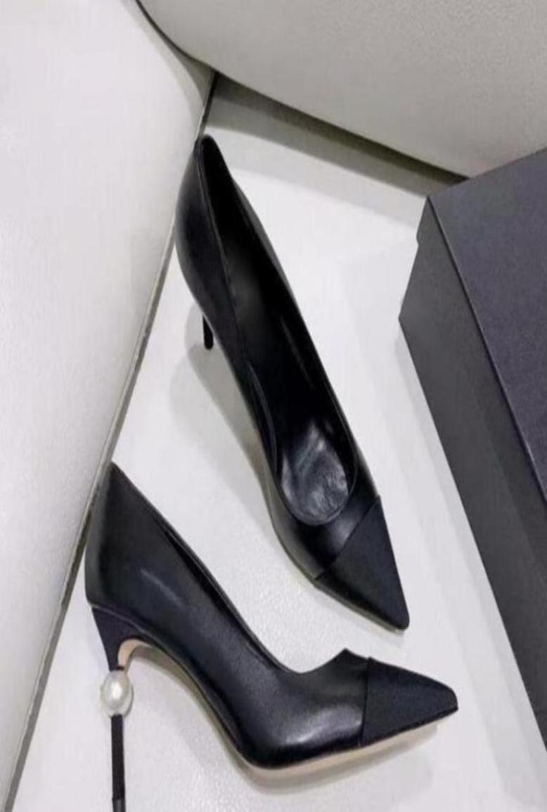 

Goatskin Grosgrain Pumps Genuine Leather Pearl High Heels OL Dress Shoes Lady Beige White Black Single Shoes With Box2634367