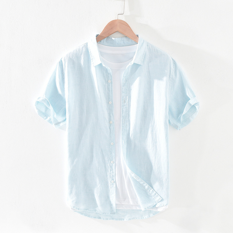 Men's Casual Shirts Pure Linen Short Sleeve Shirt for Men Summer New Japanese Fashion Tops Male Solid Gray Vintage Slim Fit Hemp Shirt 230420