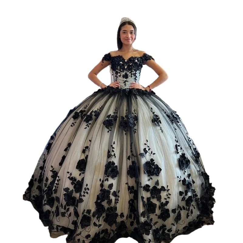 Black Princess Quinceanera Dresses Off Shoulder lace-up corset Sweet 16 Dress 3D Flowers Appliques Crystal vestidos de 15 anos