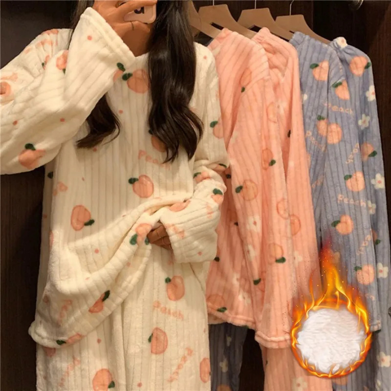Womens Sleepwear Autumn and winter flannel womens pajama set classic plain warm pajamas velvet Cavai girls printed 231120
