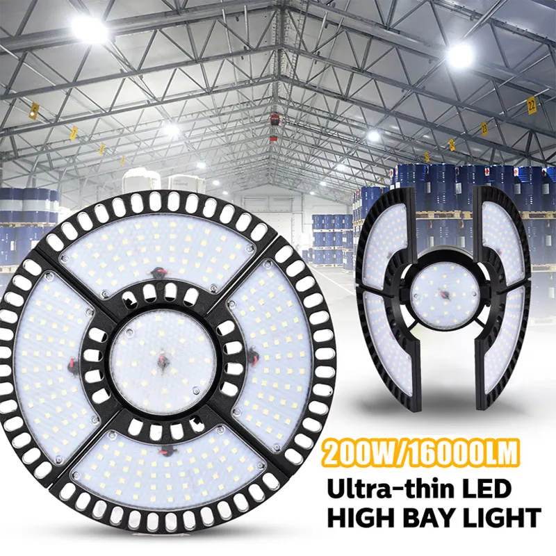 LED High Bay Light 300W 200W UFO 6500K Replacement Deformable Ultra-thin Mining Lamp Factory Warehouse Workshop Area Light crestech