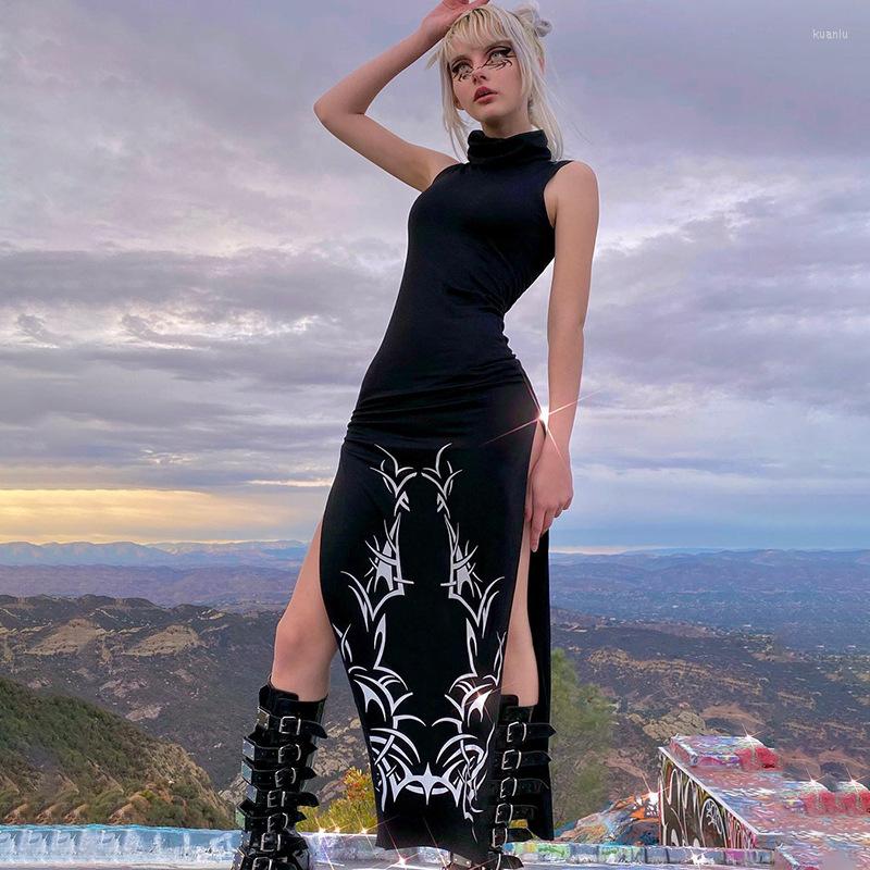Casual Dresses Long For Women 2023 Party Night Club Wear Dark Split Side Summer Dress Gothic Sexy Slim Turtleneck Sleeeveless, Black 
Casual Dresses Long For Women 2023 Party Night Club Wear Dark Split Side Summer Dress Gothic Sexy Slim Turtleneck Sleeeveless, Black