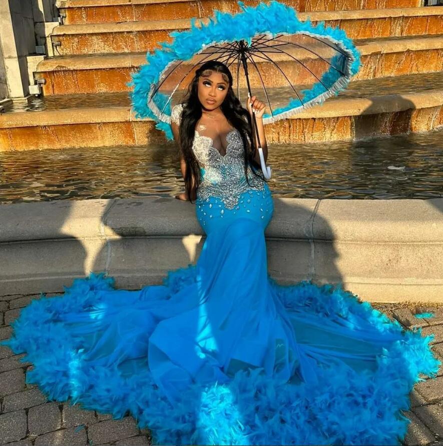 

Luxury Blue Feather Prom Dress 2023 Elegant Mermaid Beaded Rhinestone Formal Dress Black Girls Aso Ebi African Evening Party Gowns Ceremony Special Occasion Wear, Pink