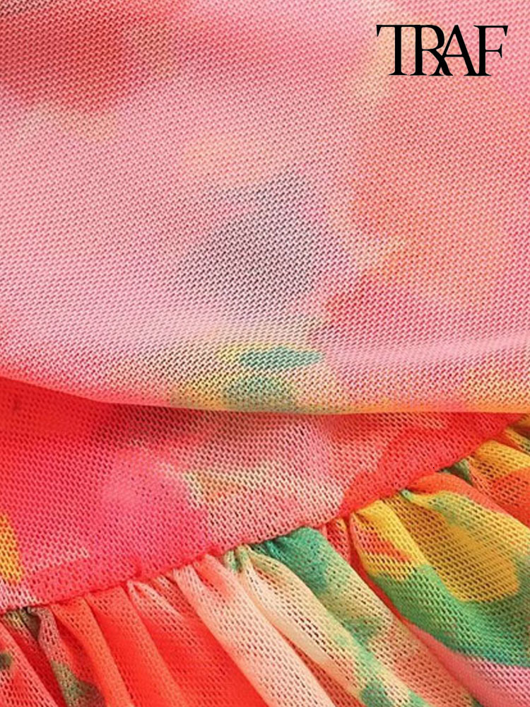 Casual Dresses TRAF Women Fashion With Ruffled Printed Tulle Mini Dress Vintage Backless Thin Straps Female Vestidos Mujer 230420