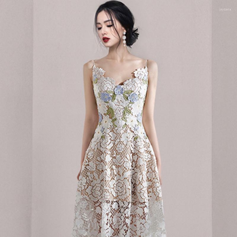 Casual Dresses Summer Temperament Suspender V-Neck Long Dress Women Fashion Patchwork Embroidered Lace Vestidos