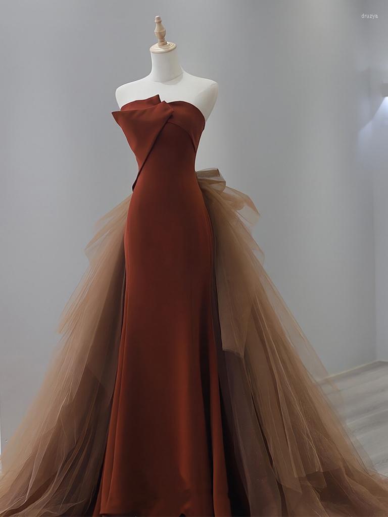 Runway Dresses Luxury Evening Dress Caramel Strapless Mermaid Pleated Satin Bow Detachable Train Lace Up Prom Gowns Toasting Clothing, Picture color
Runway Dresses Luxury Evening Dress Caramel Strapless Mermaid Pleated Satin Bow Detachable Train Lace Up Prom Gowns Toasting Clothing, Picture color