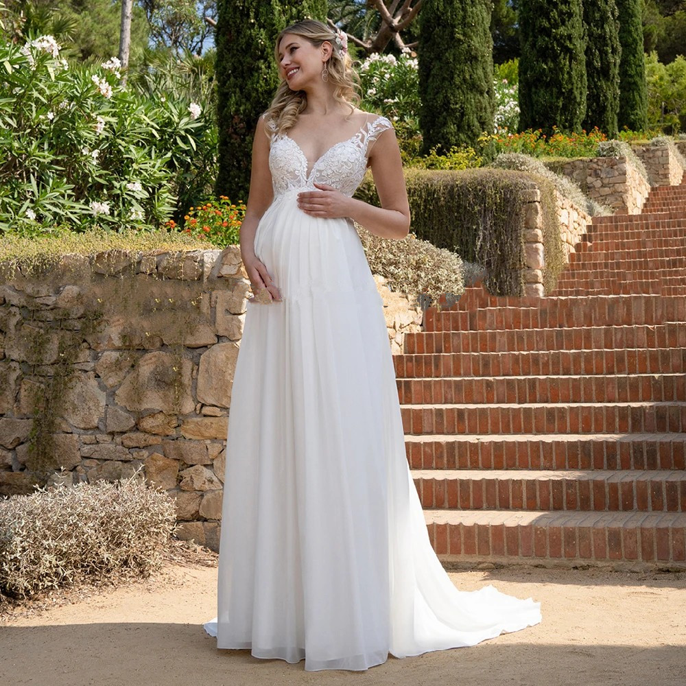 Chiffon Lace Pregnant a-line Wedding Dresses Backless Garden Country beach bohemian maternity Bride Bridal Gowns