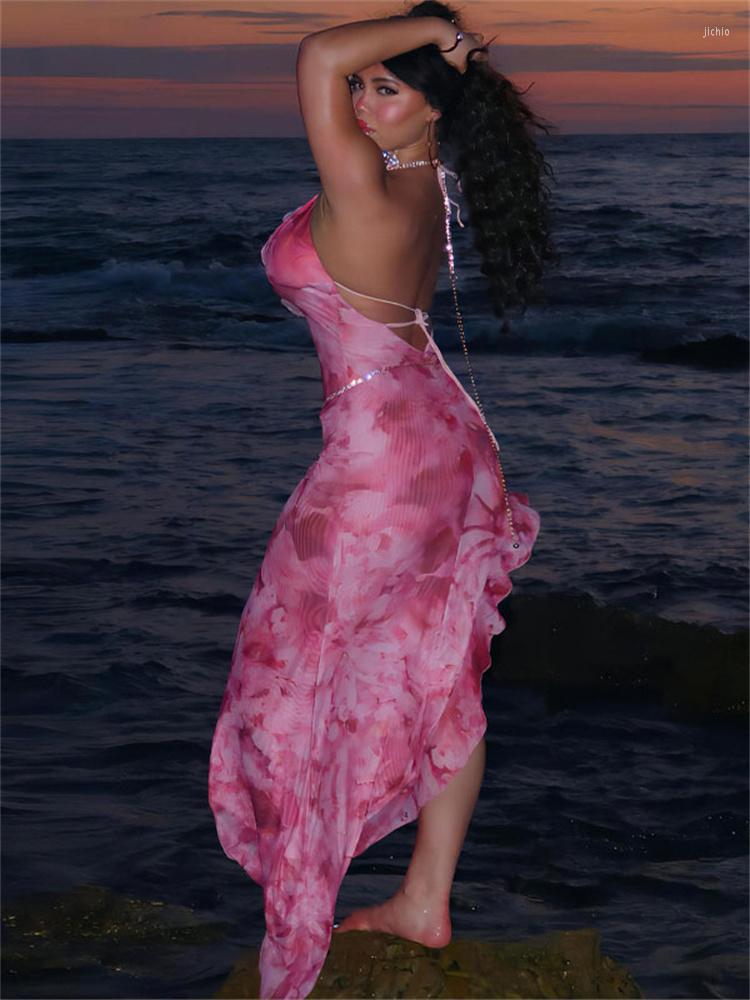 Casual Dresses Tossy Printed Ruffled Lace-Up Midi Dress Female Mesh Patchwork Backless Elegant Party Slim Fashion V-Neck Sexy Tulle Skirt