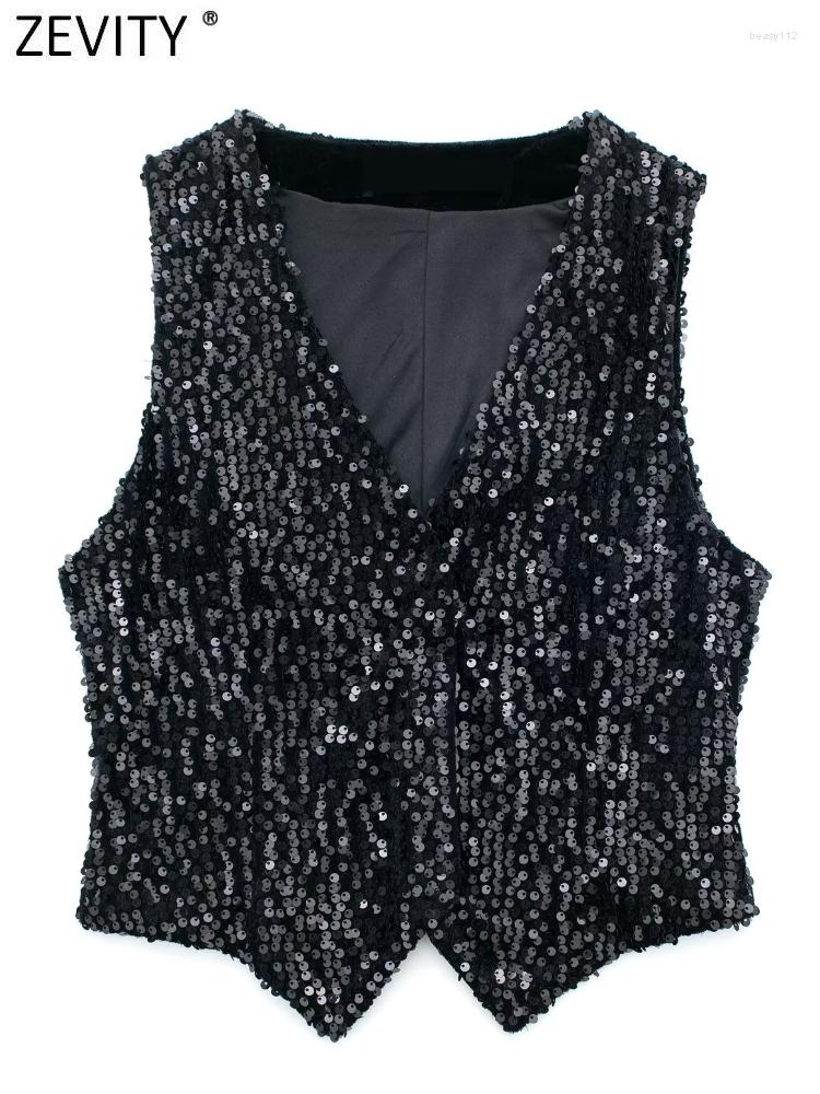 

Women's Vests Zevity Women Fashion V Neck Sleeveless Buttons Sequined Slim Vest Jacket Ladies Casual Croppped Velvet WaistCoat Tops CT3199, Hh ct3199