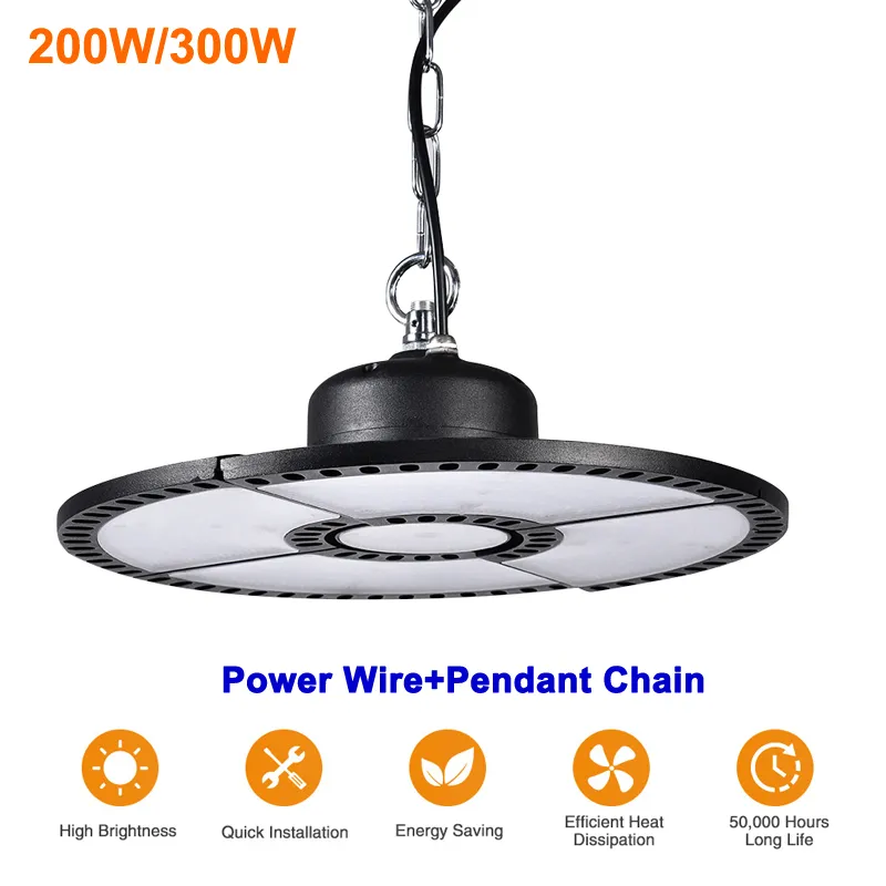 LED High Bay Light 300W 200W UFO 6500K Replacement Deformable Ultra-thin Mining Lamp Factory Warehouse Workshop Area Light crestech